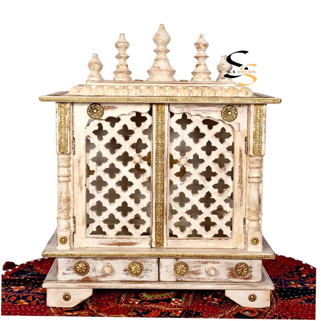 Handcrafted Mango Wood Wall Temple: Distressed White Pooja Mandir