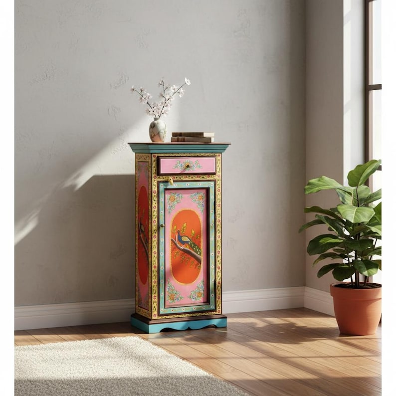 Peacock Painted Tall Cabinet, Boho Indian Mango Wood Dresser image 1