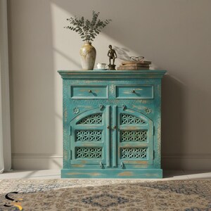 Mango Wood Carved Cabinet, Light Blue Boho Nightstand