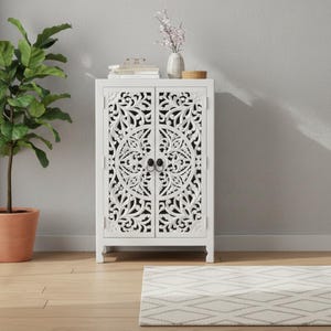 Floral Carved Mango Wood Cabinet, White Boho Nightstand