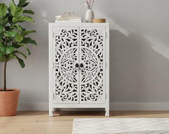 Floral Carved Mango Wood Cabinet, White Boho Nightstand