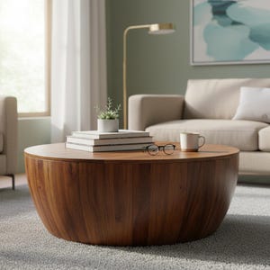 Puede incluir: Una mesa de centro redonda en forma de tambor hecha de madera de tonos cálidos con una veta visible. La superficie superior plana sostiene una pila de tres libros, una pequeña planta suculenta en una maceta blanca, una taza y unas gafas.