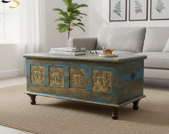 Indian Boho Wooden Coffee Table Trunk, Blue Distress Buddha Inlay