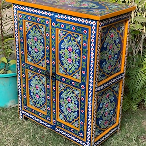 Wooden Painted Cupboard For Living Room Side.Mango Wood Painted By Indian Villagers,Rajasthani Blue Painted Furniture, Bedside Table image 7