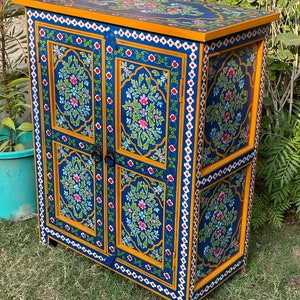 Mango Wood Cabinet | Handcrafted Bedside Cabinet with Storage | Blue Painted Solid Wood Sideboard | Home Décor Mango Wood Bedroom Dresser