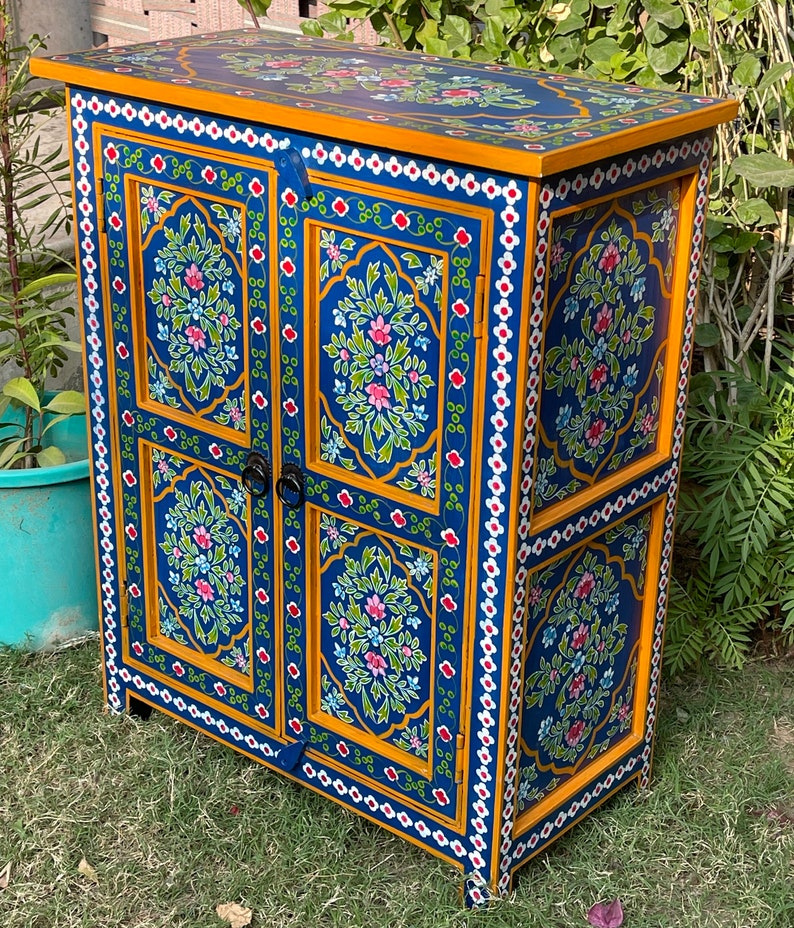 Wooden Painted Cupboard For Living Room Side.Mango Wood Painted By Indian Villagers,Rajasthani Blue Painted Furniture, Bedside Table image 7