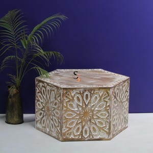 Distressed White Mango Wood Coffee Table: Hand-Carved Boho Accent