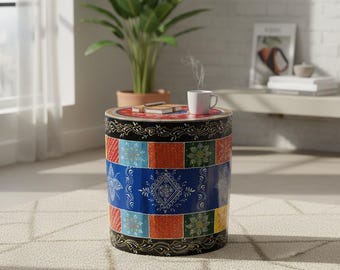 Handcrafted Mango Wood Drum Coffee Table, Mandala Painted Side Table