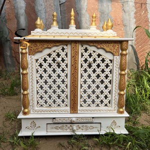 Golden-White Finish Wall Temple | Handcrafted Mango Wood Pooja Mandir with Storage | Indian Fine Art Home Temple | Pooja Room Wall Décor