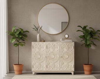 Mango Wood Sideboard Cabinet, Distressed White Finish Console Table