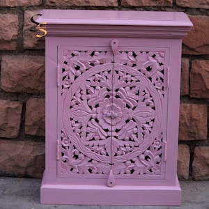 Wooden Wall Cabinet | Light Pink Wall Hanging Cabinet | Handicraft Floral Design Carved Wood Cabinet | Bathroom Storage Solution Cabinet