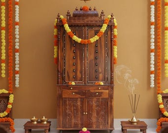 Sheeshamholz Pooja Mandir, indischer Tempel mit Messingglocken & LED