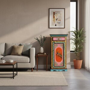 Peacock Painted Tall Cabinet, Boho Indian Mango Wood Dresser image 5