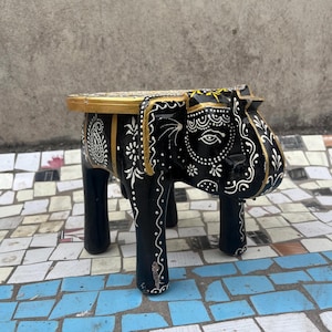 Painted Wooden Elephant Stool: Indian Art Accent Table