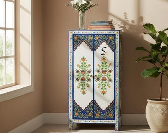 Mango Holz Blumen bemalter Schrank, Boho Indian Almirah