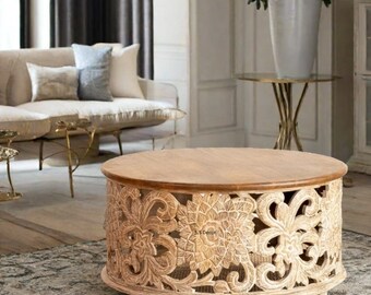 Wooden Coffee Table,White Polished Fully Carved Round Cocktail Table Indian Dining Table,Home Decor Sofa Center Table
