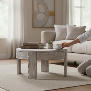 Mesa de centro Chakki de madera de mango, mesa de molino india tallada con tapa