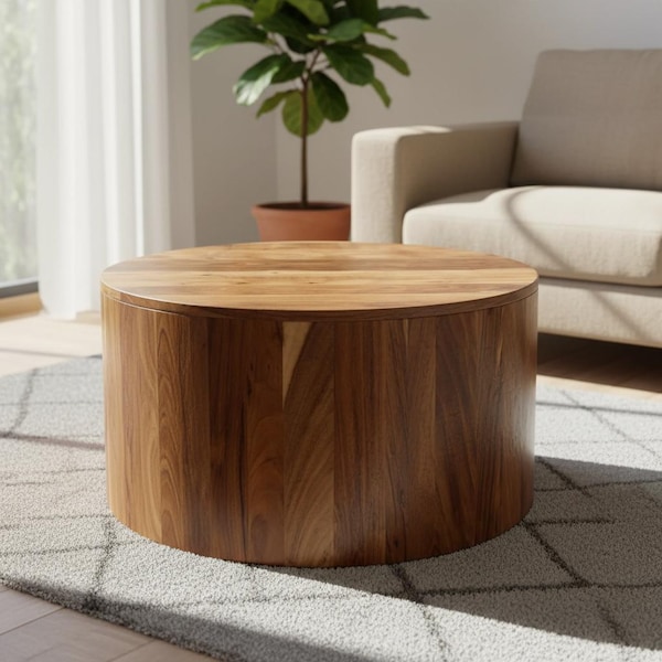 Trommelförmiger Couchtisch aus Sheesham-Holz, runder Trommel-Couchtisch, Massivholztisch, moderner rustikaler Beistelltisch aus Holz, Wohnzimmertisch aus Naturholz