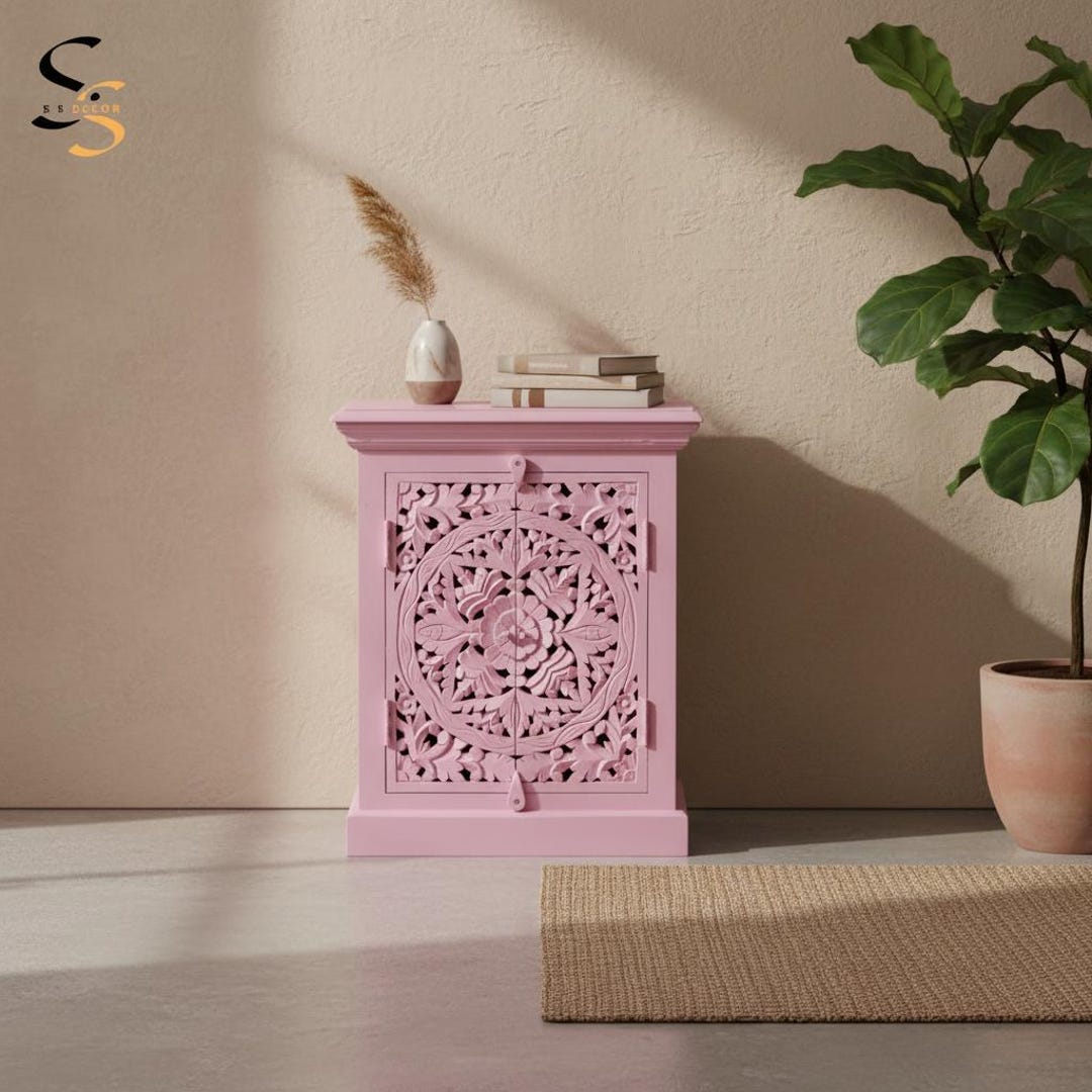 Pink Wood Wall Cabinet, Floral Carved Door, Bathroom Storage - Etsy