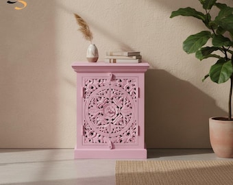 Pink Wood Wall Cabinet, Floral Carved Door, Bathroom Storage