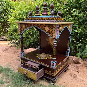 Handcrafted Mango Wood Wall Mandir: Dark Brown Hindu Pooja Temple