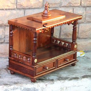 Rosewood Pooja Mandir in Dark Brown Finish | Indian Ethnic Art Wall Temple with Light | Solid Wood Home Temple for Worship & Spiritual Décor