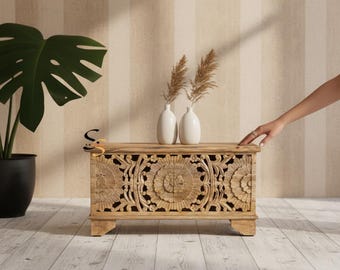 Hand Carved Wooden Trunk Box, Natural Finish Blanket Storage