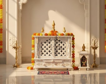 Mango Wood Pooja Mandir, Ethnic Painted Indian Ritual Shrine, White-Golden Hand-Carved White Wooden Mandir for Home decor wall alter