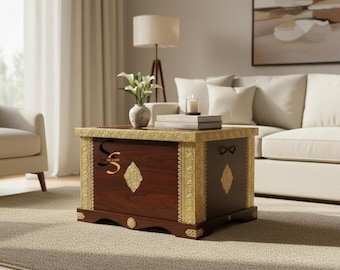 Mango Wood Storage Trunk, Dark Brown Coffee Table with Brass Detailing
