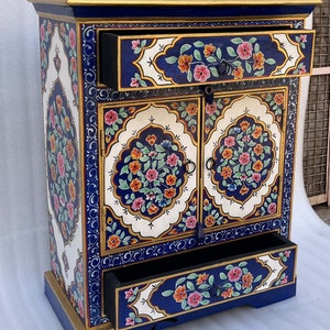 Wooden Painted 2 Drawer Bedside Table | Indian Mango Wood Sideboard | Handcrafted Chest with Shelves | Home Décor Bedroom Storage Furniture