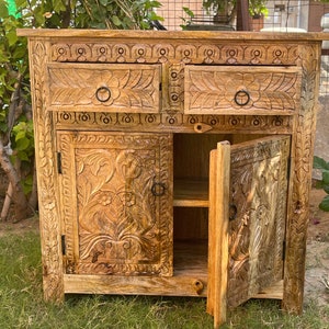 Wooden Carved Solid Mango Wood Bedside Cabinet,Polished Cupboard,LivingRoom Sideboard,2 Drawer Cabinet,Chest Table