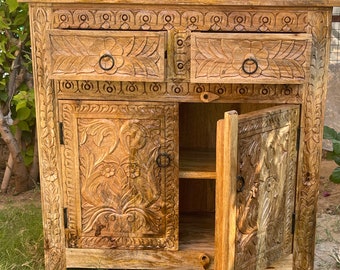 Wooden Cabinet | Carved Solid Wood Bedside Cabinet | Handcrafted Polished Cupboard | Living Room Sideboard | 2 Drawer Cabinet with Storage