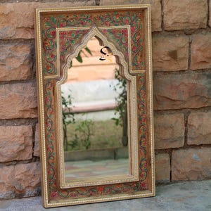 Hand-Painted Mango Wood Frame Mirror: Boho Wall Art Home Decor