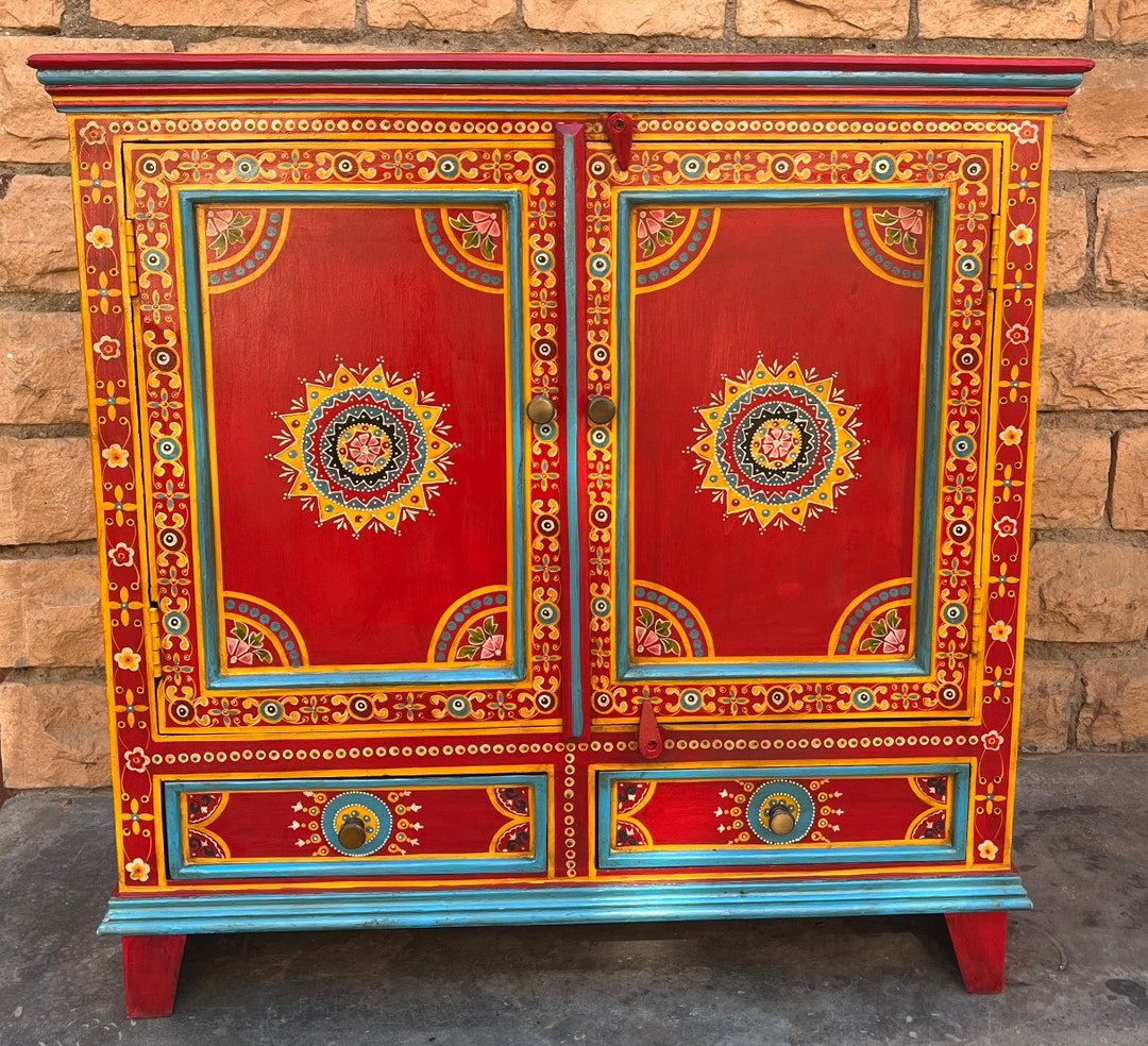 Wooden Indian Beautiful Painted 2 Drawer for Home ,side Table