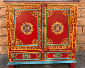 Wooden Indian Beautiful Painted 2 Drawer Cabinet for Home ,Side Table,Living Room Sideboard,Solid Wood Furniture,Painted Furniture