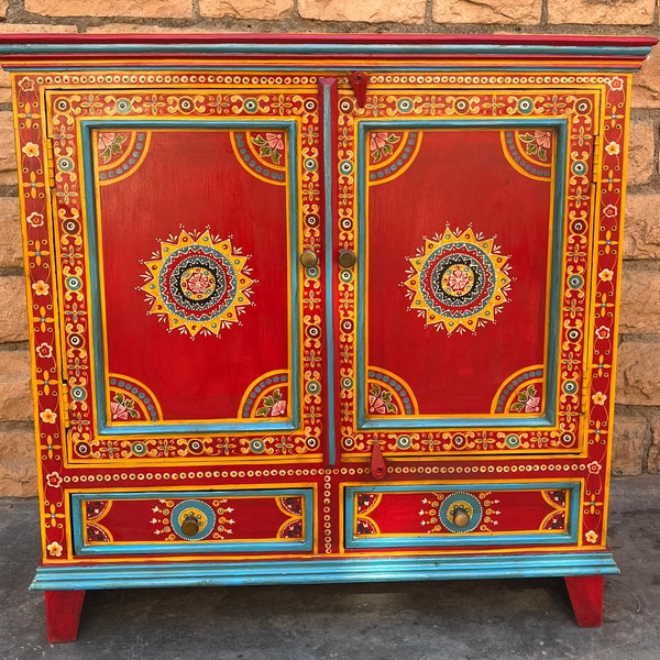 Wooden Indian Beautiful Painted 2 Drawer Cabinet for Home ,Side Table,Living Room Sideboard,Solid Wood Furniture,Painted Furniture