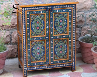 Mango Wood Compact Cabinet With Shelf | Indian Art Painted Bedside Table | Crafted Solid Wood Nightstand With Floral Motifs On Blue Finish