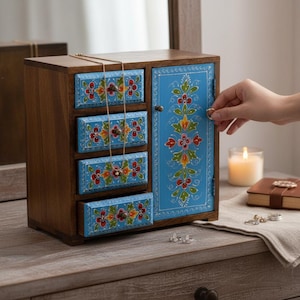 Painted Mango Wood 4-Drawer Chest, Ethnic Indian Decor