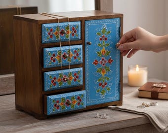 Cómoda de madera de mango pintada con 4 cajones, decoración étnica india