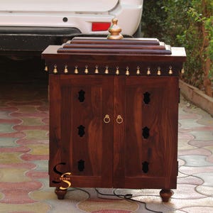 Solid Sheesham Wood Wall Temple | South Indian Pooja Mandir With LED And Brass Bells | Solid Wood Home Temple For Religious-Spiritual Decor