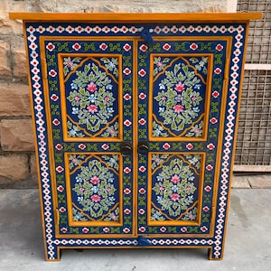 Wooden Painted Cupboard For Living Room Side.Mango Wood Painted By Indian Villagers,Rajasthani Blue Painted Furniture, Bedside Table image 1