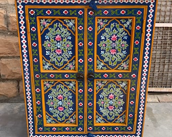 Wooden Painted Cupboard For Living Room Side.Mango Wood Painted By Indian Villagers,Rajasthani Blue Painted Furniture, Bedside Table