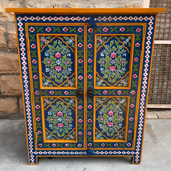 Wooden Painted Cupboard For Living Room Side.Mango Wood Painted By Indian Villagers,Rajasthani Blue Painted Furniture, Bedside Table