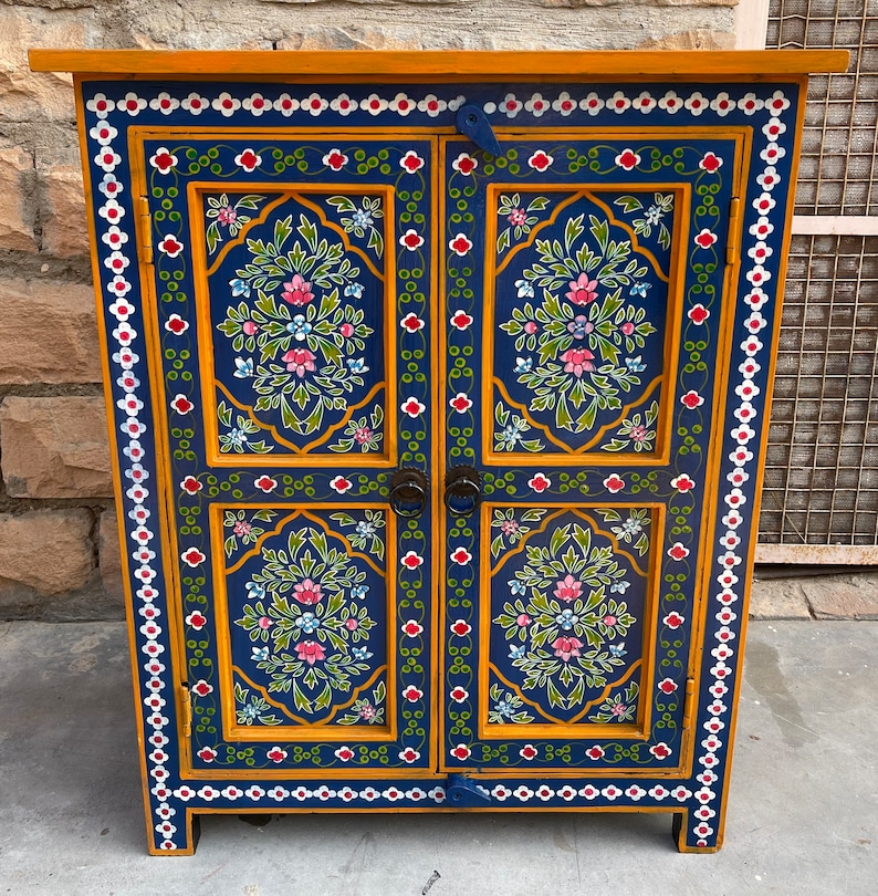 Wooden Painted Cupboard For Living Room Side.Mango Wood Painted By Indian Villagers,Rajasthani Blue Painted Furniture, Bedside Table image 1