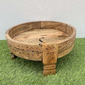 Wooden Round Indian Ethnic Chakki Table | Handcrafted Mango Wood Coffee Table | Round Center Table | Natural Polished Boho Accent Side Table