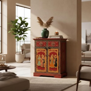 Hand-Painted Indian Bedside Cabinet: Solid Wood Living Room Sideboard