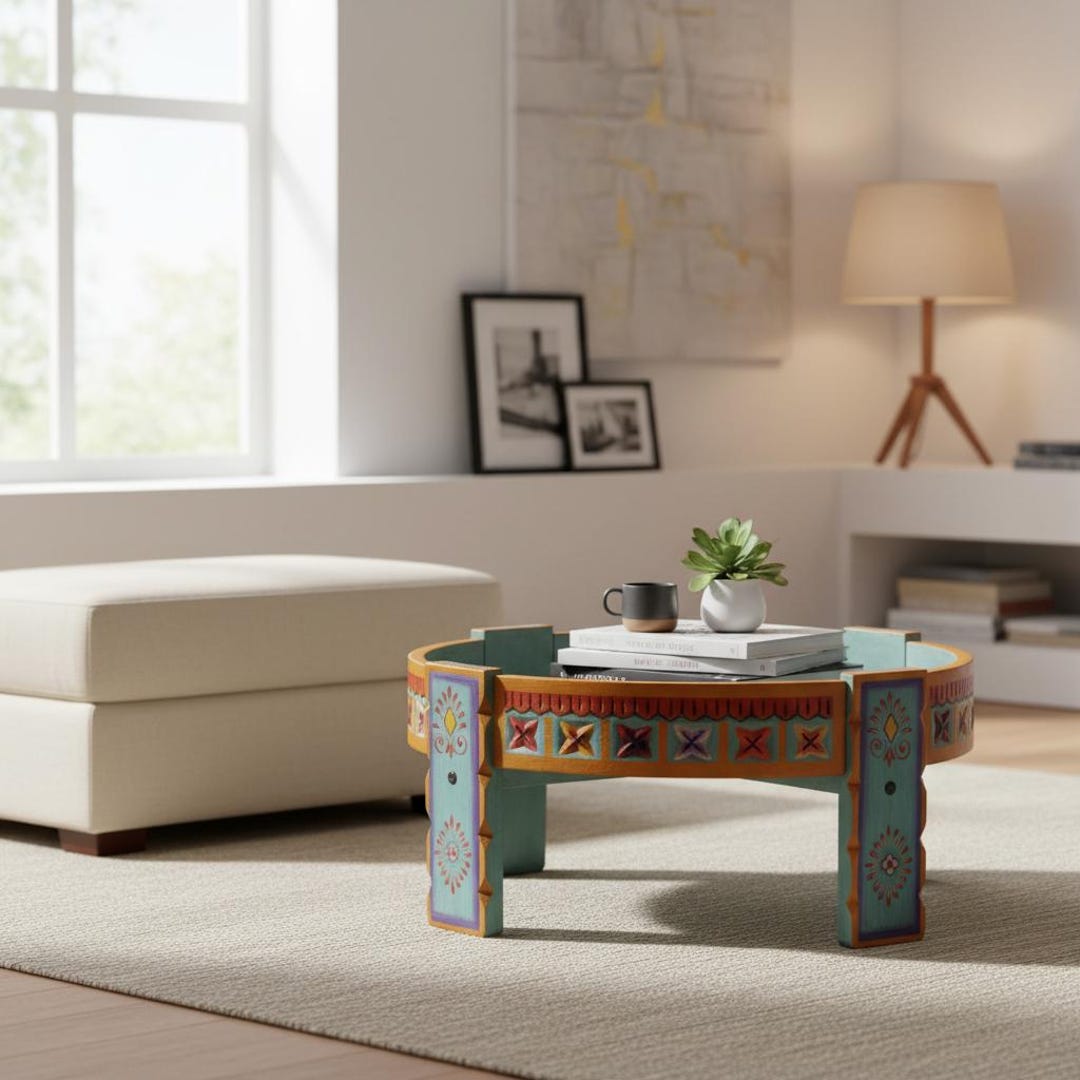 Mango Wood Chakki Coffee Table, Floral Painted Boho Decor , Indian ...