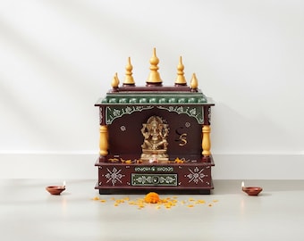 Mango Wooden Mandapam Temple | Open Pooja Mandir with Pillars | Maroon Green Gold Home Temple | Handcrafted Indian Altar with Drawer