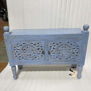 Solid Wood Gray Cabinet | 2 Door Wooden Sideboard | Handcrafted Bedroom Furniture | Bedside & Home Storage Unit | Indian Carved Furniture