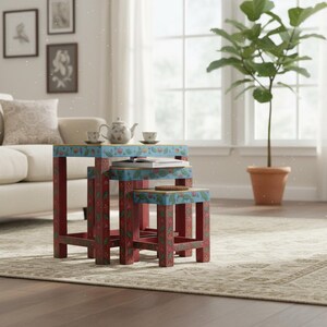 Mango Wood Nesting Stool Set: Indian Art Boho Accent Tables